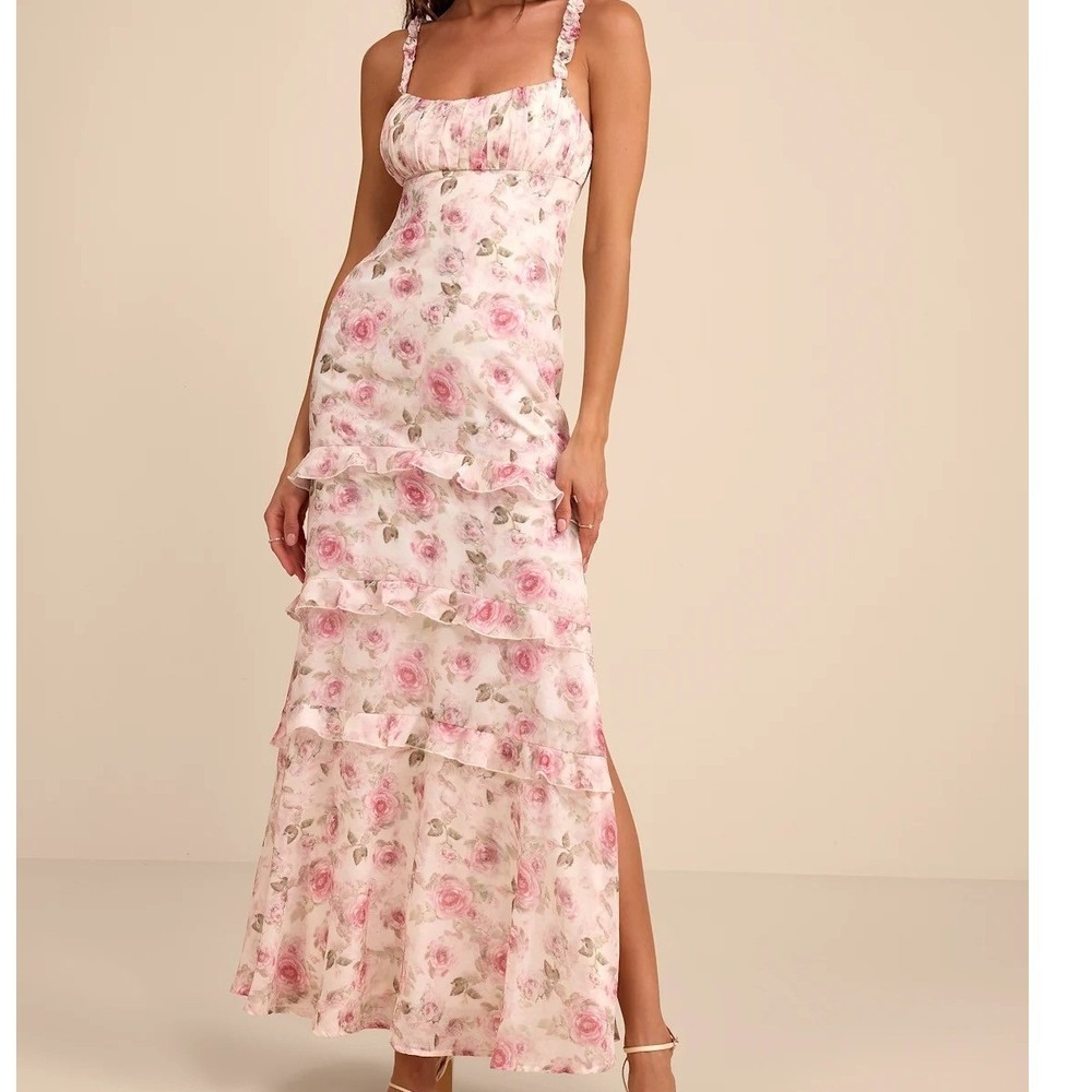 Lulus Remiette Cream Floral Ruffled Empire Waist Maxi Dress Pink NEW S Party